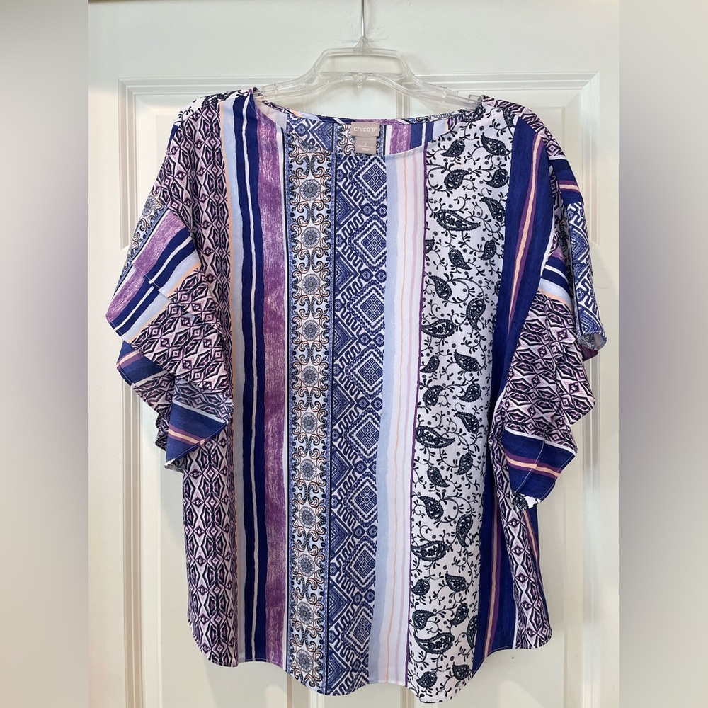 Chico's Purple, Navy & White Striped Mixed-Print Flutter Sleeve Top 2